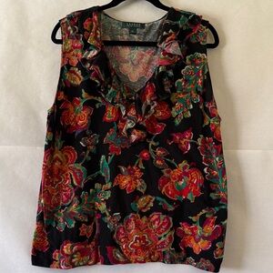 LRL Lauren Ralph Lauren Black Floral Sleeveless Top Sz 3X Ruffle V Neck Blouse